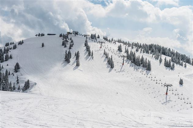 A snow-covered mountain with ski lifts and many trees. The sky is partially cloudy and it looks like perfect conditions for skiing.