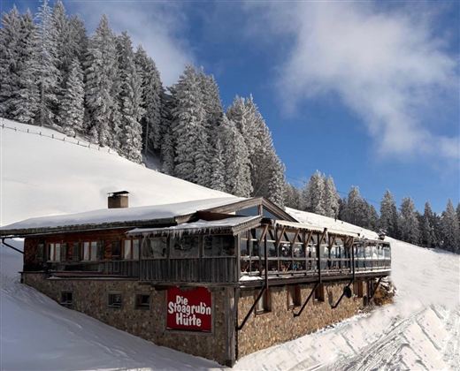 A cozy mountain cabin in the snow, surrounded by snow-covered fir trees. The sky is clear and radiates a beautiful blue.
