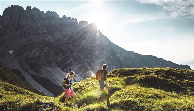Two hikers explore a green meadow in the mountains. In the background, tall rocks are visible, and the sun is shining brightly.