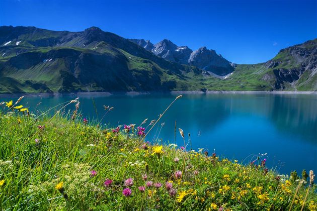 A clear lake surrounded by green mountains and colorful flowers. The sky is blue and sunny.