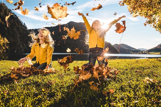 Two children in yellow jackets are happily playing in the autumn leaves. They are throwing colorful leaves into the air while the sun shines in the background.