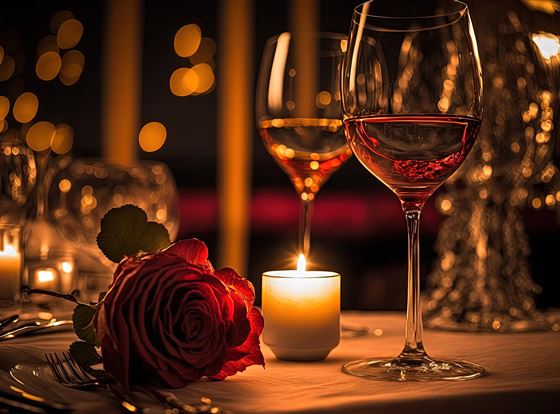 Ein romantischer Tisch mit zwei Weingläsern, einer brennenden Kerze und einer roten Rose. Die sanfte Beleuchtung schafft eine gemütliche Atmosphäre.
