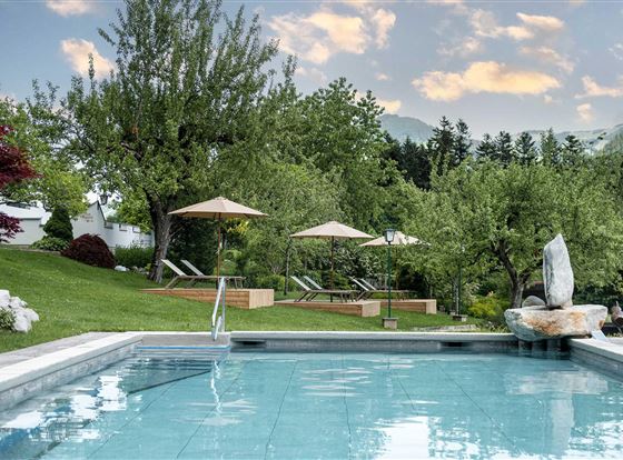 Ein schöner Pool inmitten einer grünen Landschaft mit Bäumen. Liegestühle und Sonnenschirme runden die entspannende Atmosphäre ab.