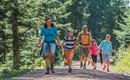 A family is hiking on a path through a green forest. The children are holding hands and enjoying nature.