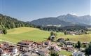 A picturesque village in a green landscape with a view of the mountains. The houses are surrounded by meadows and forests.