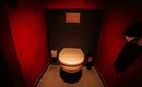 Ein modernes Badezimmer mit einem weißen Toilettenbecken vor einer rot gestrichenen Wand. Die Beleuchtung ist gedämpft und schafft eine intime Atmosphäre.