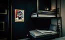 A modern room with dark walls and a bunk bed. A portrait of a person hangs on the wall.