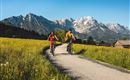 Two cyclists are riding on a path through a blooming landscape. In the background, impressive mountains can be seen.