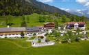 A picturesque landscape with a hotel complex, surrounded by forests and mountains. In the foreground, there is a pool area and green meadows.