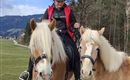 A rider on a light horse stands on a path. Next to her stands another similar horse in a picturesque landscape.