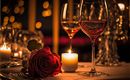 A romantic table with two wine glasses, a red rose, and a burning candle. The soft lighting creates a cozy atmosphere.