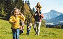 A cheerful family is playing in a green meadow with mountains in the background. Children are running and laughing while the adults accompany them.