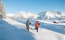 Two people are hiking in the snow with ski poles in front of an impressive mountain backdrop. The clear sky and the snowy landscape create a peaceful winter atmosphere.