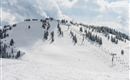 A snow-covered mountain with ski lifts and frozen trees. The sky is partly cloudy and there is a clear view.