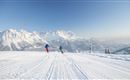 Two skiers are skiing on a snowy slope with impressive mountain peaks in the background. The sky is clear and sunny.