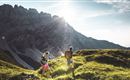 Two hikers explore a green meadow in the mountains. In the background, tall rocks are visible, and the sun is shining brightly.
