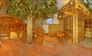 A cozy wellness area with wooden saunas and a green plant flair. The floor is made of red stone tiles, creating a relaxing atmosphere.