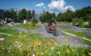 A cyclist rides over a BMX track in the midst of a green landscape. In the foreground, colorful flowers bloom in front of an impressive mountain backdrop.