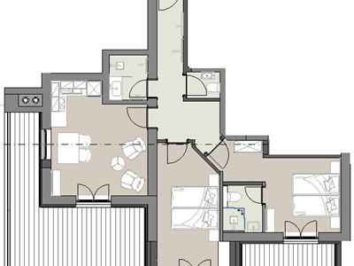 Apartmán, sprcha, WC, 2 místnosti na spaní