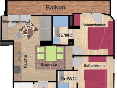 An apartment floor plan with two separate bedrooms and a balcony. The apartment includes a living room with dining area and a kitchen, as well as two bathrooms with shower/WC.