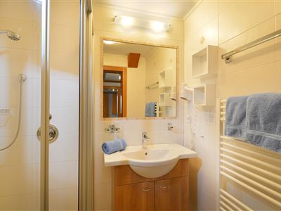 Ein modernes Badezimmer mit einer Dusche und einem Waschbecken. Handtücher und ein großer Spiegel runden das angenehme Ambiente ab.