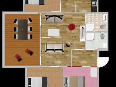 Eine Wohnungsgrundriss mit verschiedenen Räumen. Zu sehen sind Schlafzimmer, ein Wohnzimmer und eine Küche.