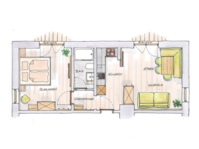 Een moderne woningoverzicht met verschillende kamers zoals slaapkamer, keuken en woonkamer. Er zijn twee balkons en duidelijke ruimte-aanduidingen.