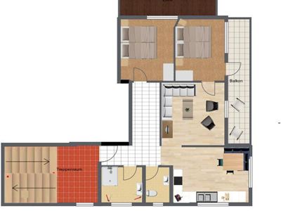 Ein Grundriss einer Wohnung mit zwei Schlafzimmern, einem Wohnzimmer und einer offenen Küche. Der Plan zeigt auch ein Badezimmer und einen Balkon.