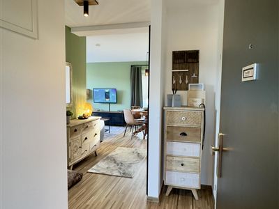 Moderní vstupní prostor s dřevěnou podlahou a jednoduchým nábytkem. V pozadí je vidět útulný obývací pokoj s televizí.