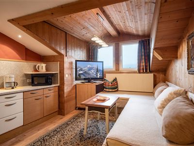 Ein gemütliches Wohnzimmer mit Holzverkleidung, einer Küchenzeile und einem Fernseher. Große Fenster bieten einen schönen Blick nach draußen.