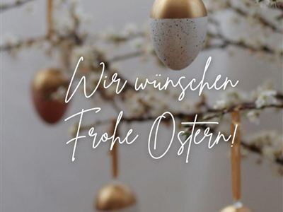 A decorative Easter display with golden eggs on branches. The text wishes Happy Easter and offers an additional night stay.