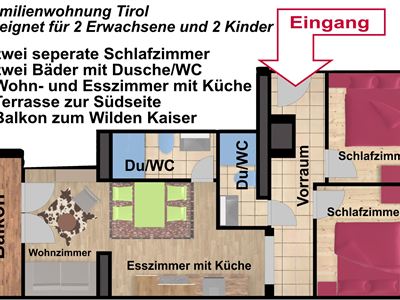 Een plattegrond van een gezinsappartement in Tirol geschikt voor 2 volwassenen en 2 kinderen. Het appartement beschikt over twee slaapkamers, twee badkamers, een woon- en eetkamer met keuken en een balkon.