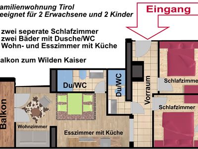 A floor plan drawing of a family apartment in Tyrol. The apartment features two bedrooms, two bathrooms, and a living and dining area with a kitchen.