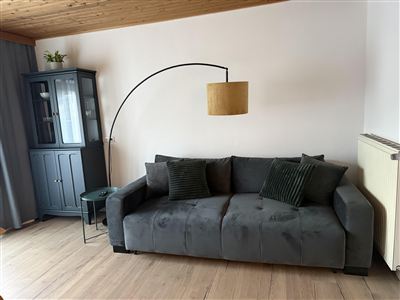 Ein modernes Wohnzimmer mit einer grauen Couch und zwei dekorativen Kissen. Neben der Couch steht ein kleiner Tisch und eine stehende Lampe mit einem besonderen Design.