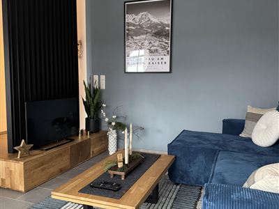 Een moderne woonkamerinrichting met een blauwe bank, een houten tafel en een televisie. Aan de muur hangt een poster met bergmotieven en er zijn decoratieve planten.