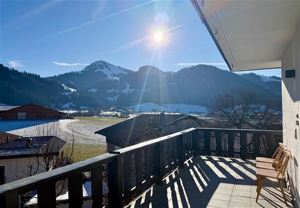 Eine sonnige Aussicht von einem Balkon auf grüne Wiesen und schneebedeckte Berge. Die Landschaft ist ruhig und malerisch, ideal für einen entspannten Tag.