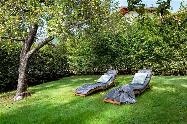 Two loungers are positioned on a green meadow, surrounded by trees and shrubs. Sunshine and a calm atmosphere invite relaxation.