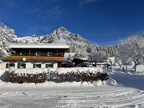 A picturesque wooden house in the snow, surrounded by snow-covered trees and mountains. The clear blue sky complements the winter landscape.
