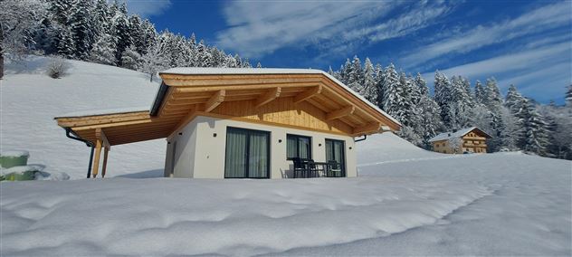 Ein modernes Haus im Schnee mit einem malerischen Holz-Dach. Die Umgebung ist mit schneebedeckten Bäumen und einem klaren blauen Himmel umgeben.