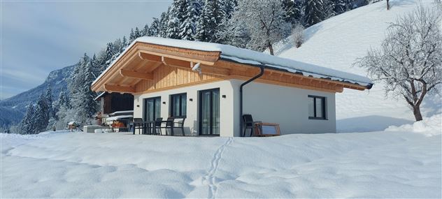Ein modernes Haus im Schnee, umgeben von schneebedeckten Bäumen. Die Berge im Hintergrund bieten eine malerische Kulisse.