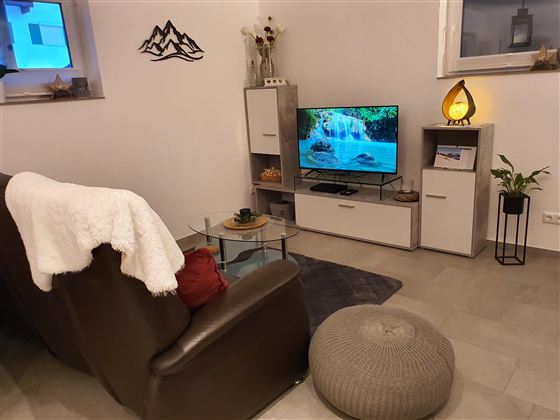 Ein gemütliches Wohnzimmer mit einem bequemen Sessel und einem Fernseher, der eine Wasserfallansicht zeigt. Die Ausstattung ist modern und stilvoll, mit einem kleinen Tisch und Pflanzen dekoriert.