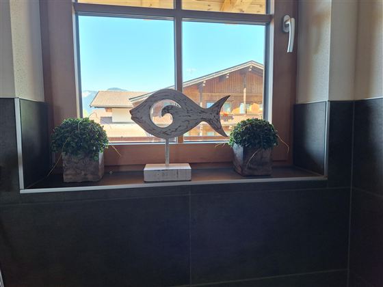 Een raam met uitzicht op een Alpenhuis en een decoratieve vis van hout. Op de vensterbank staan twee planten in potten.