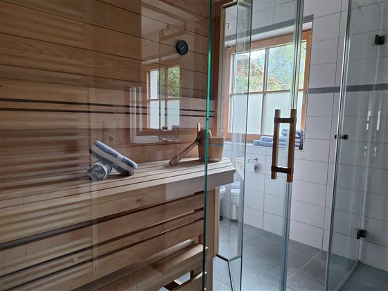 Eine moderne Sauna mit Holzregalen und großer Glasfront. Hell erleuchtet durch Fenster, bietet sie eine entspannende Atmosphäre.