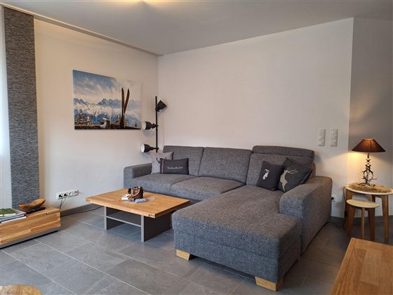 Een moderne woonkamer met een grote grijze bank en een houten tafel. Aan de muur hangt een landschapsschilderij van de bergen.