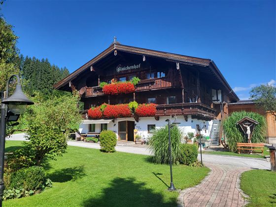 A traditional alpine house with blooming plants and a well-maintained garden. In the background, green mountains and a blue sky are visible.