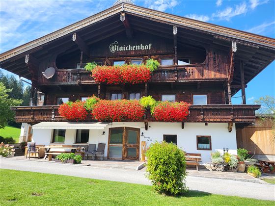 A traditional wooden house with blooming flower boxes. The surroundings are green and inviting.