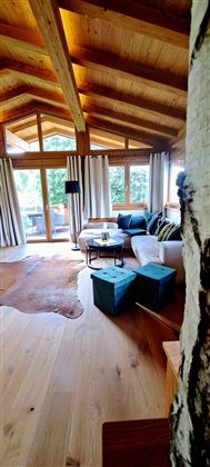 Een gezellige woonkamer met houten plafonds en grote ramen. De meubels zijn modern en kleurrijk, met een mooi uitzicht op de natuur buiten.