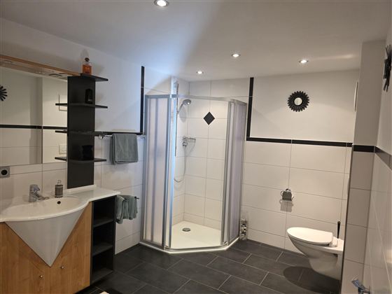 Een moderne badkamer met een douche, een wastafel en een toilet. Het heeft lichte tegels en een eenvoudige, elegante inrichting.