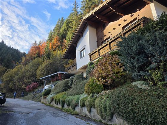 Een charmant huis op een helling, omringd door kleurrijke bomen en weelderig groen. De lucht is helder en de straat loopt geleidelijk omhoog.