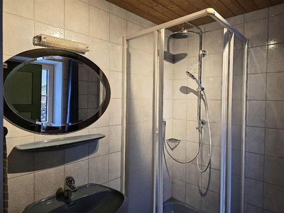 Ein modernes Badezimmer mit einer Dusche und einem Waschbecken. An der Wand hängt ein runder Spiegel.